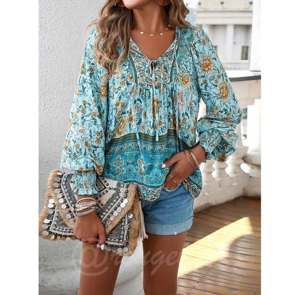 Blue Floral Printed Boho Long Sleeve Blouse Loose Fit Neck Ties - Picture 6 of 8